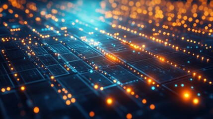 Wall Mural - a computer chip with a blue background and orange lights