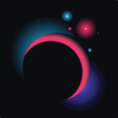 Wall Mural - colorful gradient spheres orbiting a large planet with a dark surface in the vastness of space