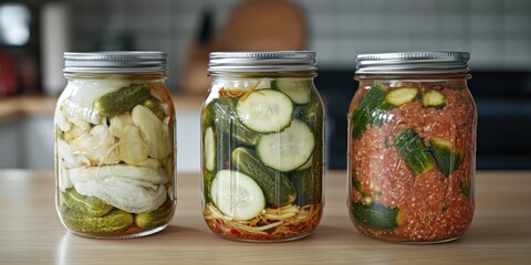 Wall Mural - Three jars of homemade pickled vegetables, including cucumbers and peppers, stored in the refrigerator for freshness. Homemade preserves for a healthier diet.