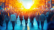 © remake - Silhouetted crowd of people walking on reflective urban street during golden sunset, backlit figures moving through downtown district amid autumn trees and evening atmosphere