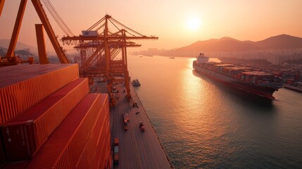 Poster - Dynamic Sunrise Port South Korean Container Hub with Robust Shipping Cranes and Cargo - Modern Logistics and Efficient Global Trade Operations