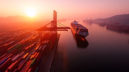 Poster - Sunrise Shipping Dynamics Industrial Port Cranes and Colorful Containers - Strategic Maritime Logistics and Sustainable Trade Routes for Global Supply Chain Efficiency