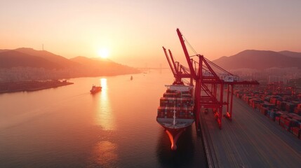 Poster - Vibrant Sunrise Over South Korean Container Port Industrial Harmony with Dynamic Cranes and Cargo - Key Hub for Modern Global Trade and Sustainable Maritime Logistics