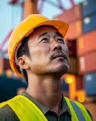 Poster - Contemporary Maritime Portrait Korean Dockworker in Safety Gear amidst Container Backdrop Industrial Workspaces and Global Trade Optimization in Natural Light