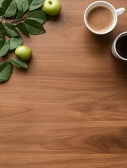 Poster - Contemporary Wooden Workspace Design Eco-Friendly Desktop with Laptop, Notebook, Coffee, and Apple - Elevating Remote Study and Digital Accessibility in Modern Education Settings