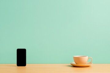 Poster - Mindful Workspace Design Face-Down Smartphone on Wooden Desk with Herbal Tea in Pastel Minimalism - Enhancing Digital Wellness and Balance for Modern Professionals