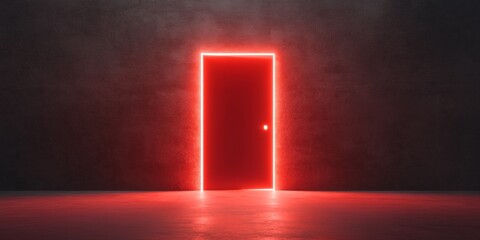 Aufkleber - Futuristic Tech Portal Neon-Illuminated Red Door on Textured Concrete - Innovative Software Security and Encrypted Development for Digital Transformation