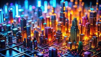 Miniature Digital World: Binary Code Data Stream in Tilt-Shift