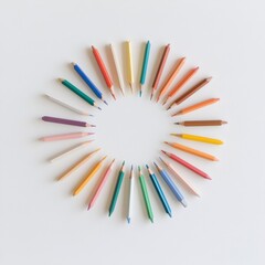 Poster - Contemporary Stationery Art Circular Array of Multicolored Pencils on White - Visual Creativity for Educational Inspiration and Academic Branding