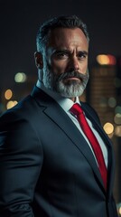 Wall Mural - Distinguished middle-aged CEO with salt-and-pepper beard, wearing a fitted dark suit and red tie, standing in a high-rise office with city lights in the background, 