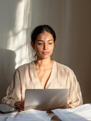 Aufkleber - Sunlit Minimal Workspace Indian Woman Utilizing Laptop for Seamless E-Governance - Enhancing Citizen Engagement Through Secure Digital Public Services and Remote Work Innovation