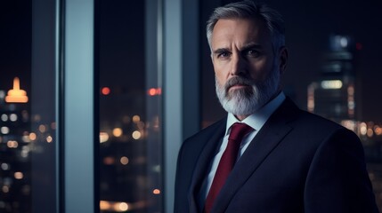 Wall Mural - Distinguished middle-aged CEO with salt-and-pepper beard, wearing a fitted dark suit and red tie, standing in a high-rise office with city lights in the background,