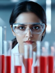 Poster - Contemporary STEM Innovation Focused Indian Woman Scientist in White Lab Coat with Safety Goggles, Engaged with Test Tubes in a High-Tech Laboratory for Advanced Research and Development