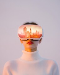 Fototapete - Immersive Learning Korean Woman Engaged in VR History Experience with Medieval Castle Projection Enhancing Educational Methods through Augmented Reality in Modern Classrooms