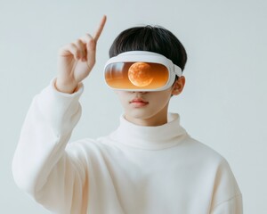 Leinwandbilder - Futuristic Learning Hub East Asian Teen with Sleek AR Glasses Illustrates Solar Model for Interactive EdTech and Digital Learning Strategies