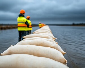 Poster - Storm Preparedness Aesthetic Reflective Safety Vests and Sandbags Along Riverbank - Urban Flood Management and Resilient Infrastructure Solutions