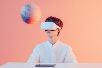 Poster - Futuristic EdTech Experience Korean Student Engages with VR Solar System Model in Minimalist Digital Classroom - Enhancing STEM Learning and Interactive Education Technologies