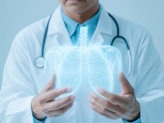 Poster - Futuristic Medical Imaging AI-Powered Holographic Display in Healthcare by Asian Male Physician, 45 - Technology-Driven Diagnostic Solutions for Modern Medicine