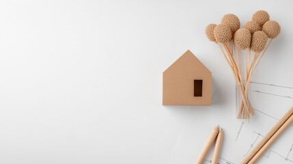 Poster - Minimalist Workspace Aesthetic with Cardboard Model and Neutral Textures for Creative Architecture Planning - Ideal for Design Innovation and professional Project Visualizations