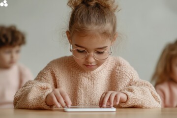 Aufkleber - Warm Neutral Learning Space Young Girl Using Educational Tablet with Textured Sweater - Modern Inclusive Classroom Design and Adaptive Learning Tools Showcase