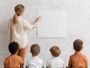 Fototapete - Warm Minimalist Learning Space Latina Educator Engages Diverse Children at Textured Whiteboard - Inclusive Education Content for Modern Classroom Design and Social Integration