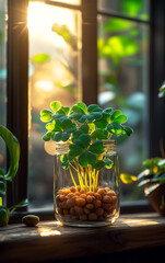 Wall Mural - A small plant is in a jar with some pebbles. The jar is on a windowsill