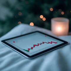 Poster - Sleek Tech Aesthetic Tablet with Cryptocurrency Charts and Candlelight - Modern Financial Strategy and Digital Trading Environment