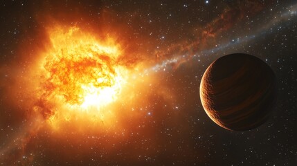 Wall Mural - Vibrant Supernova Explosion with Fiery Colors, Shimmering Planet, Glowing Cosmic Dust, and Massive Galaxy in Deep Space with Bright Stars and Warm Tones