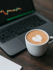 Poster - Minimalist Workspace with Laptop Displaying Real-Time Stock Data Wooden Desk Setup with Coffee for Modern Investment Strategy and Digital Trading Insights