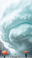 Aufkleber - Urban Stormscape Abstract Cloud Formations over City Streets with Pedestrian Focus - Dynamic Climate Content for Modern Weather Analytics and Urban Planning Insights