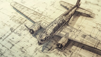 Fototapete - Technical blueprints showcasing detailed design of a vintage airplane with intricate features and measurements. Generative AI