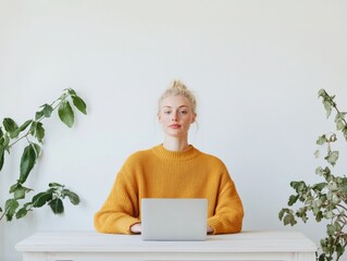 Poster - Minimalist Ergonomic Workspace Young Professional at White Desk with Laptop and Indoor Plants - Creative Content Creation and Home Office Design for Modern Digital Nomads