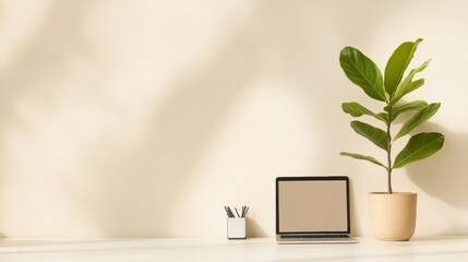 Aufkleber - Minimalist Workspace Setup Laptop with Indian E-governance Portal, Modern Desk Essentials and Natural Light Streamlined Digital Services and Business Efficiency