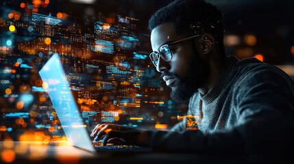 Futuristic Tech Developer Working on Laptop Amid Digital Data Visualization