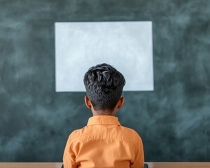 Fototapete - Interactive Digital Classroom Indian Child Engaged with Smart Board Technology in Minimalist Setting - Enhancing Modern Education and Classroom Efficiency