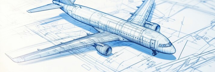 Fototapete - Detailed technical blueprints illustrate the design and engineering of an airplane in a workspace setting. Generative AI