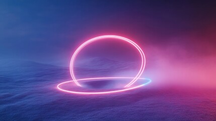 Aufkleber - Futuristic Neon Circle on Misty Terrain Vibrant Light Trails for AI Innovation and Digital Connectivity - Tech Background for Creative Marketing and Business Environments