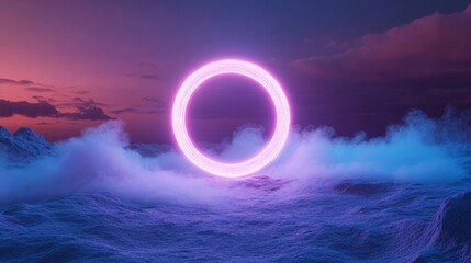 Fototapete - Neon AI Circle Vibrant Light Trails on Digital Terrain - Futuristic Tech Art for Dynamic Branding and Innovation in Design