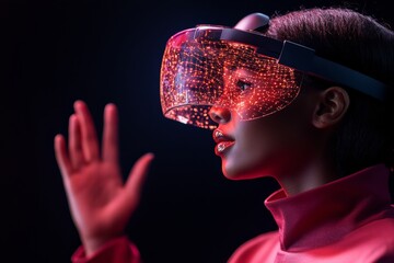 Aufkleber - Neon Cyber Aesthetic Young Woman in Futuristic VR Visor Engaging with Holographic Display - Immersive Tech Visualization for Next-Gen Industry and Digital Interaction