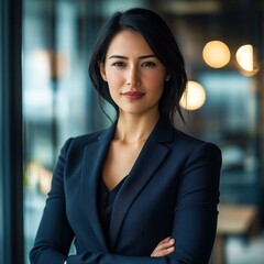 Wall Mural - Professional businesswoman with sharp features, black hair, wearing a tailored navy suit, standing in a modern glass office, soft natural lighting