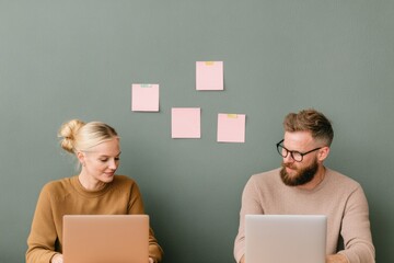 Aufkleber - Scandinavian Coworking Hub Diverse Professionals with Laptops, Minimalist Decor and Sticky Notes - Promoting Innovation and Creative Commercial Collaborations