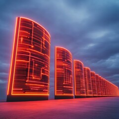 Leinwandbilder - Cybernetic Display of Luminous Panels with Neon Grids - Modern Tech Regulation in Industrial Design and Data Protection for Enhanced Digital Security
