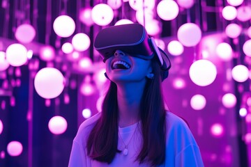 Aufkleber - Neon Aesthetic VR Experience Asian Woman Joyfully Engaging with Holographic Symbols - Cutting-Edge Entertainment and Immersive Marketing Solutions in Tech and Digital Innovation