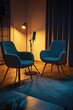 © Alexandr Efimov - Two mid-century modern armchairs facing each other with a microphone on a stand between them, creating an intimate interview setting at night.