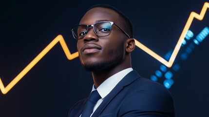 Poster - Dynamic Financial Analysis with Digital Data Visualization Confident Black Businessman in Navy Suit - Modern Corporate Solutions and Stock Market Insights