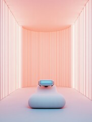 Poster - Neofuturistic Minimalist Interior VR Headset on Soft Beige Table with Ambient LED Illumination - Immersive Tech Experience and Contemporary Workplace Design