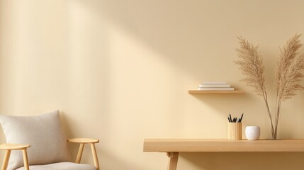 Leinwandbilder - Minimalist Workspace Wooden Desk and Shelf with Neutral Decor - Modern Digital Collaboration and Startup Innovation in Indian-Inspired Design