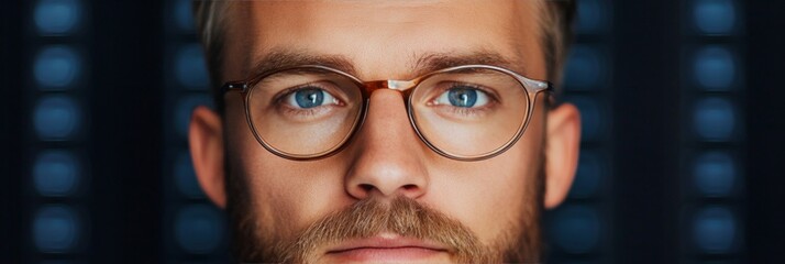 Fototapete - Tech-Industrial Portrait Focused Male Technician with Eyewear in a Digital Server Room - Advanced IT Infrastructure Solutions and Equipment Protection for Business Agility