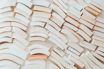 Poster - Curated Minimalist Bookshelves Cascading Open Books in Neutral Tones - Modern Educational Design and Creative Workspace Inspiration for Contemporary Learning Environments