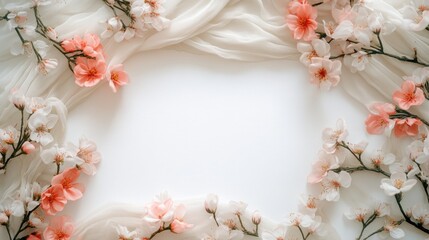 Wall Mural - a white background with pink flowers and a white curtain. the flowers are arranged in a circle and t